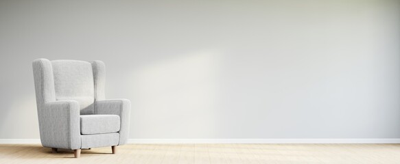 Living room style minimal with armchair on empty white wall background. 3D Rendering