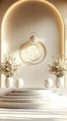 White Platform With Golden Circles, Flowers, and Sunlight