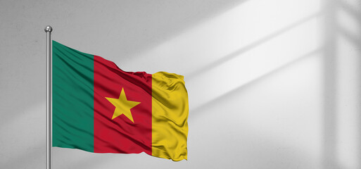 Cameroon national flag cloth fabric waving on beautiful window light grey Background.