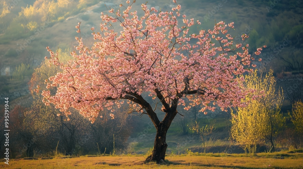 Poster A blooming cherry blossom tree stands alone in a serene landscape during early spring, surrounded by vibrant greenery