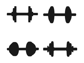 Gym Dumbbell Silhouette Vector Bundle, Fitness equipment element silhouettes.  Barbell and dumbbell silhouettes. Barbells vector icons. Dumbbell for gym icon , black sign design on white background.