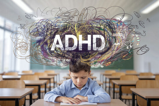 Child with ADHD concept. Attention Deficit Hyperactivity Disorder. Chaotic mind. Chaos thinking. Awareness, prevention and treatment. 