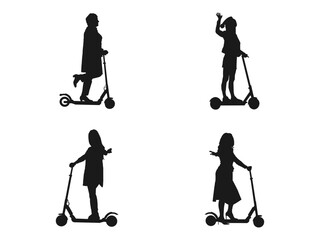 Young woman rides a modern urban electric scooter, black isolated silhouette. Girl or woman drives an electric scooter silhouette. woman riding an electric scooter silhouette on a white background.