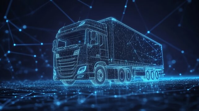 Futuristic Semi-Truck Logistics Digital Transportation Network, 3D Render, Blue Background - Powered by Adobe