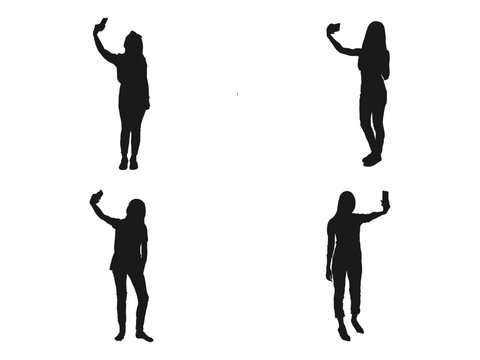 Woman taking selfie silhouettes set. silhouettes of people taking selfies. Woman taking selfie of holding and talking on mobile phone. Woman taking selfie with smartphone on white background.