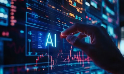 A hand interacting with a digital screen displaying AI.