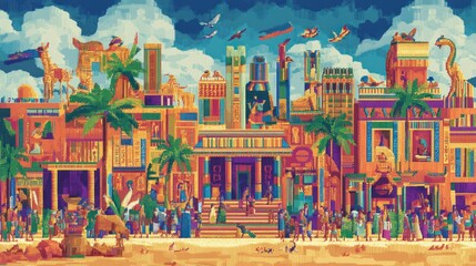 Obraz premium A Vibrant Cityscape with Tall Buildings and Palm Trees in a Pixelated Style
