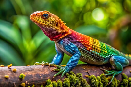 A vivid rainbow lizard rests on a branch, displaying its bright colors amid a rich, green environment, creating