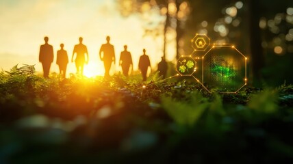 Leading the Way: Business Team in Forest with Sustainable Energy Icons and Watercolor Details