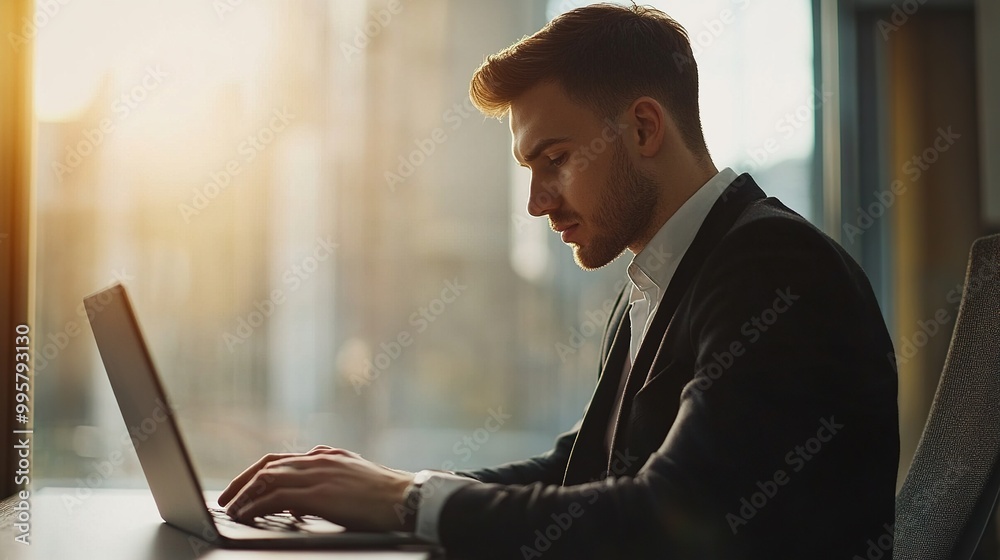 Wall mural Businessman Working on Laptop in Modern Office