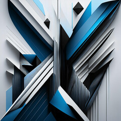 Obraz premium Sharp, geometric abstract design dominated by black, blue, and white tones, featuring bold lines and a dynamic composition