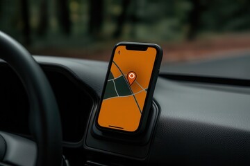 Fototapeta premium Close-up of the GPS tracking feature in a ride-sharing app, symbolizing the safety and real-time tracking of rides GPS tracking, Ride-sharing safety