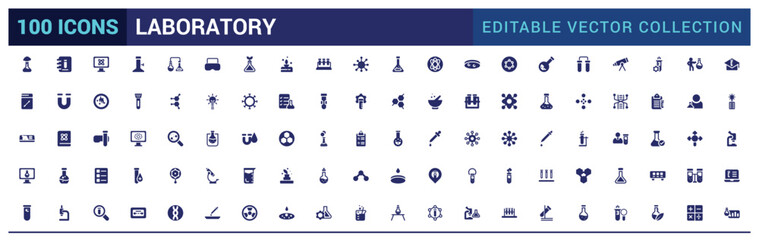 Laboratory filled icon set. Containing experiment, test tube, microscope. Glyph icon set for web and ui. Solid icons set. Vector illustration.