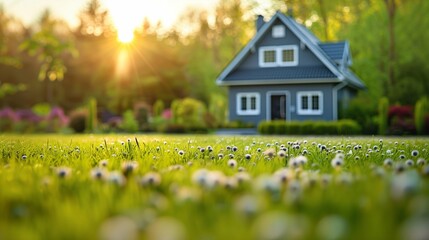 A picturesque house stands out in a lush green yard filled with blossoming flowers, illuminated by the warm glow of the setting sun