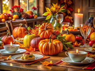 Captivating Thanksgiving decorations showcasing colorful autumn leaves, pumpkins, and stylish table arrangements,