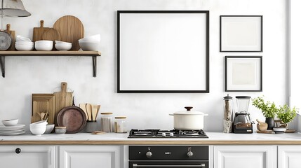 Obraz premium Minimalist Kitchen Decor with Wooden Frames and White Ceramics