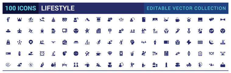 Lifestyle icons collection. Related to healthy lifestyle, diet, exercise, filled icon set, glyph for web and ui. Solid icons set. Vector illustration.