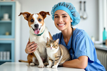 Portrait of happy veterinary nurse in the veterinary office wearing nurse blue clothes. She holds a...