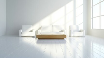 Modern Minimalist Living Room With White Sofa, Two Armchairs, And Wooden Coffee Table