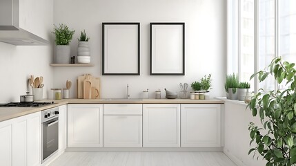 Fototapeta premium Minimalist Kitchen Decor with Wooden Frames and White Ceramics