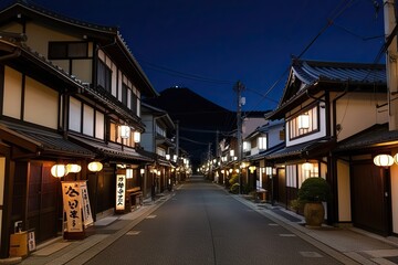 Fototapeta premium A Picturesque Japanese Town in Hiroshima at Nightfall: Cozy Streets with Lovely Houses and Lantern Illumination