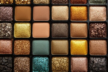 Fototapeta premium Professional grade shimmer eyeshadow palette featuring gold bronze and olive tones captured under soft lighting perfect for elegant and natural beauty looks