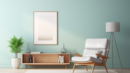 Modern reading room with cream mock up frame on pastel blue wall.
