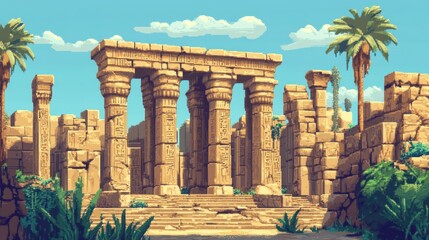 Obraz premium Ancient Ruins with Palm Trees and a Clear Blue Sky