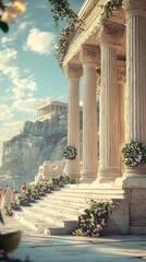 Naklejka premium Ancient Greek Temple Steps with Flowers and People
