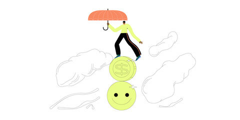 Balance between money and happiness, wealth and health, choosing meaningful life and real success concept, businessman holding umbrella balancing himself on stack of smile face and dollar coin.
