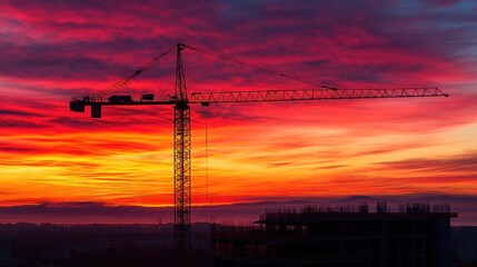 Naklejka premium A silhouette of a construction crane against a vibrant sunset sky.