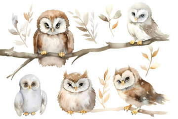 Fototapeta premium Cute painted watercolor owls on a white background