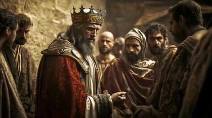 Naklejka premium The Parable of the Unforgiving Servant: A king confronting a servant in debt. Jesus story that he said in Bible Torah New Testament