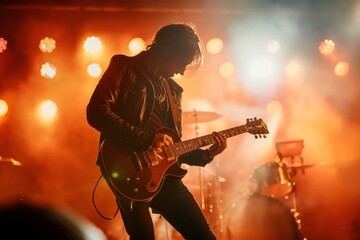 Obraz premium A guitarist performs a concert on stage. The lights shone on him, creating a dramatic effect, as the man performs in front of the audience. Generative AI