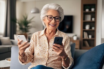 Enthusiastic Senior Woman Engaging with Smartphone at Home in Relaxed Lifestyle