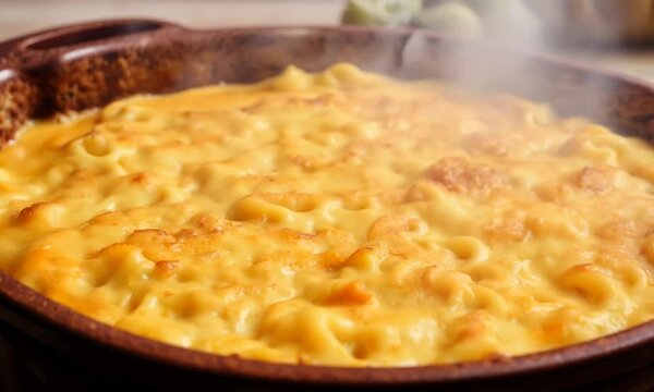 Close up of a baked mac and cheese dish