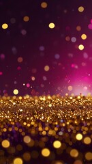 Christmas Background With Golden Flakes And Shiny Lights On A Purple Backround.