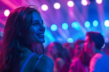 Naklejka premium Futuristic neon photo image young people dancing nightclub nightlife pop style, Generative AI