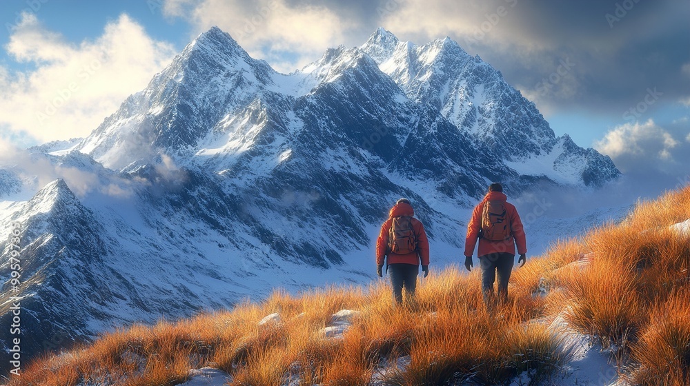 Poster Hiking Through Snowy Mountains: A Breathtaking View