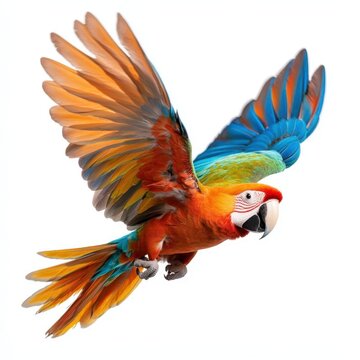 A photostock images of colorful flying parrot isolated on a clean white background