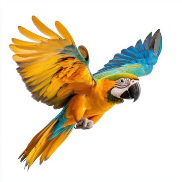 A photostock images of colorful flying parrot isolated on a clean white background