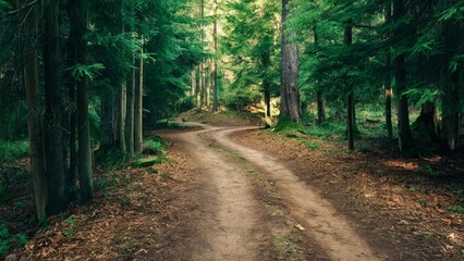 Fototapeta premium Serene forest path with dappled sunlight and fallen leaves