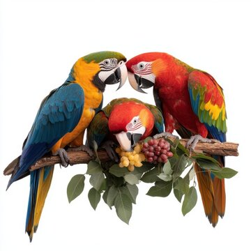 A photostock images of colorful parrots on a branch isolated on a clean white background