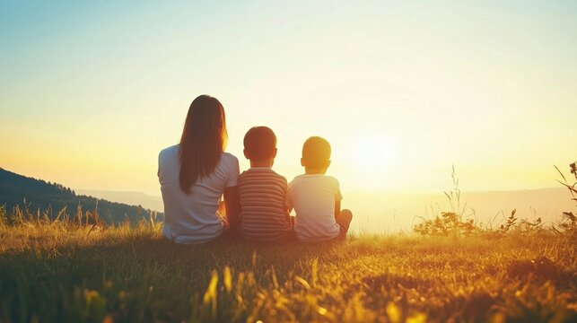 A mother and her two children are sitting on a grassy hillside