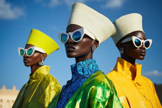 Three women wearing colorful clothing