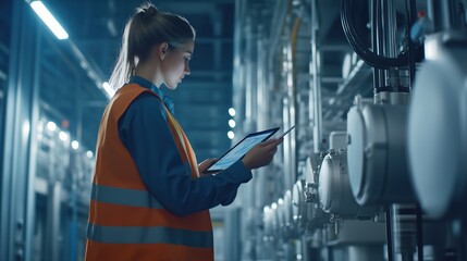 She is likely a worker in a factory or industrial setting