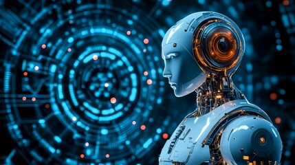 Fototapeta premium Futuristic Robot Cyborg with Holographic Neon Blue Digital Interface Background