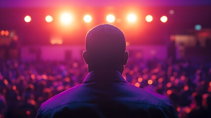 A community leader addressing a crowd in a town hall, donning a purple shirt that signifies wisdom and unity, selective focus, community engagement theme, vibrant, Silhouette with a stage backdrop