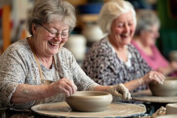 group of elderly women in pottery class, shaping clay on wheel, laughing and chatting as they create, lifestyle. senior activity, poster with copy space