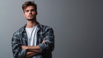 Obraz premium Confident Young Man Posing Against Gray Background